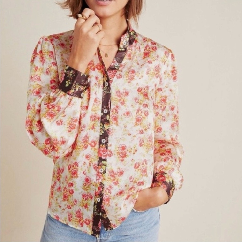 Hemant & Nandita Floral Button-Up Long-Sleeve Blouse Small NWT